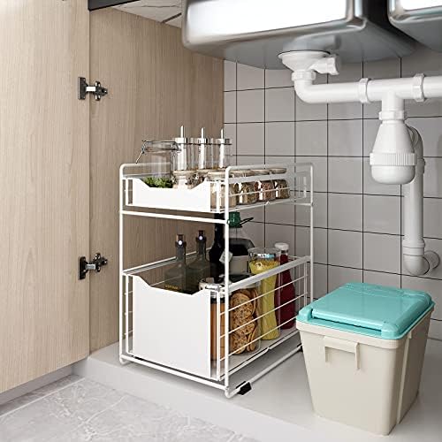 DAWNYIELD 2 Tier Organizer with Storage Drawer Under Sink Sliding Cabinet Pull Out Basket Rack Spice Rack Snack Organizer for Kitchen Bathroom Bedroom Counter Pantry Office -White