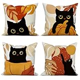 ASDCXZ Katze 4er Set Kissenbezug 60x60 cm Boho Quadratisch Couch Sofa Dekoration Kissenbezüge, Schwarze Katze Orange Kürbis Sonne Blätter Herbst Waschbar Polyester Textil Outdoor Kopfkissenbezug