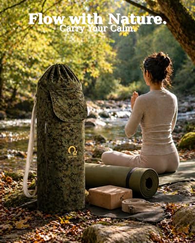 Image of O2 Yoga Mat Bag | Cotton Yoga Mat Carry Bag with Adjustable Double Straps | Bottle Holder & Zipper Pocket | Yoga Mat Cover Bag for Women & Men | Fits 2mm-10mm Mats | Lightweight - Military Green