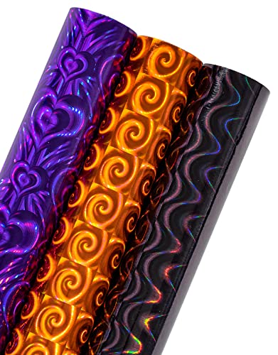 LeZakaa Holographic Halloween Wrapping Paper Roll Purple Heart/Orange Spiricle/Black Wavy Stripe Spooky Design for Valentines Nightmare Before Christmas Birthday Holiday 17 x 120 inches 3 Rolls