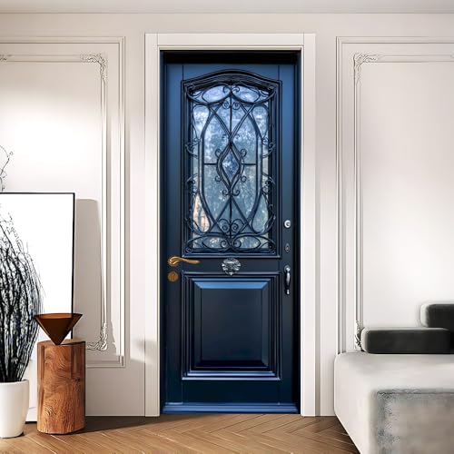 Cmialusie Peel and Stick Door Wallpaper 30.31 x 78.74 Inch Dark Blue Front Door Sticker Glass Panel Decorative Door Cover Center Split Design Door Mural for Home Decor