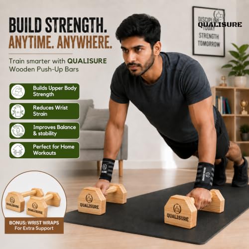 Image of Pushup Board for Men, Durable Pine Wood Calisthenics Equipment, Anti-Skid Push Up Bar for Home, Parallettes for Calisthenics, Dips Bar with Wrist Wraps