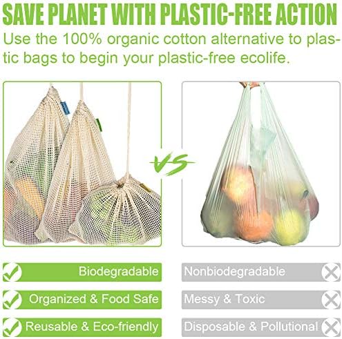 Reusable Produce Bags, Organic Mesh Bags Muslin Bags with Drawstring Bonus Reusable Grocery Bag for Shopping & Storage, Washable, Biodegradable, Food Safe, Tare Weight on Color Tag(7 Pack)