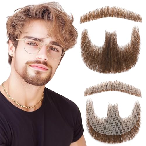 Eutonys Fake Beard and Mustache 100% Human Hair Hand-Tied Natural Realistic Beards Fake Goatee with Invisible Lace Fake Facial Hair for Cosplay Halloween Costume Party Performances & Drama