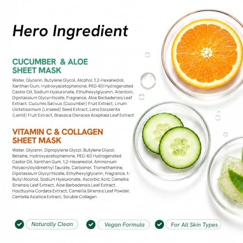 Image of Skin 2.0 Collagen Face Mask With Vitamin C + Aloe & Cucumber - Dermatologist Tested, Anti Aging, Korean Skin Care - Moisturizes, Firms, Soothes & Helps Reduce Dark Spots - Vegan Clean Beauty, 10 Count