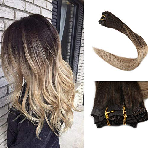 (Promotion) Full Shine 8 Pcs 18 inch 120g Full Head Set Thick End Ombre Clip on Hair Balayage Remy Hair Extensions Seamless Invisible Clip in Extensions Human Hair …