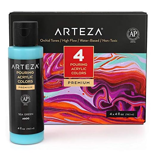 Arteza Pouring akrylfärg, 118 ml flaskor, set med 4 orkidétoner, flytande gjutfärg, ingen blandning krävs, färg för att hälla på duk, glas, papper, trä, kakel och stenar