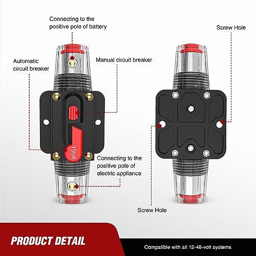 Nilight 150A Inline Circuit Breaker Resettable 12-24V DC Manual Reset Fuse Holder 3-15AWG Overload Protection for Car Audio Sound Amplifier System RV Marine Boat Truck Solar Inverter by Nilight - Image 2