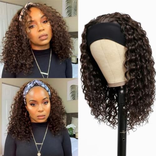 Image of Punmasa Headband Wig Human Hair Deep Wave Chocolate Brown Headband Wigs for black women Glueless Wigs Human Hair Machine Made 150% Density headband wig human hair with Headbands (12Inch)