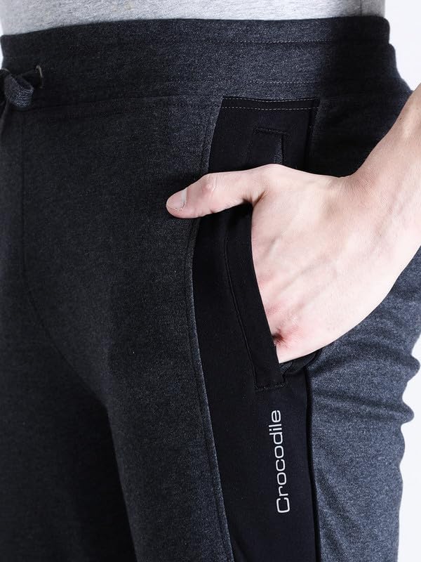 Image of CROCODILE Men Solid Slim Fit Track Pant | Mid Rise | Drawstring Waist | Regular Length | Casual Sports Lounge Bottomwear Navy Melange