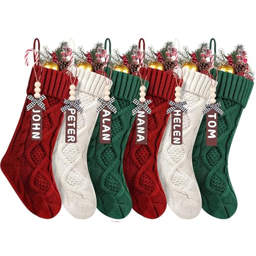 HDKJRN Set of 6 Personalized Christmas Stockings with Wooden Name Tags, 18