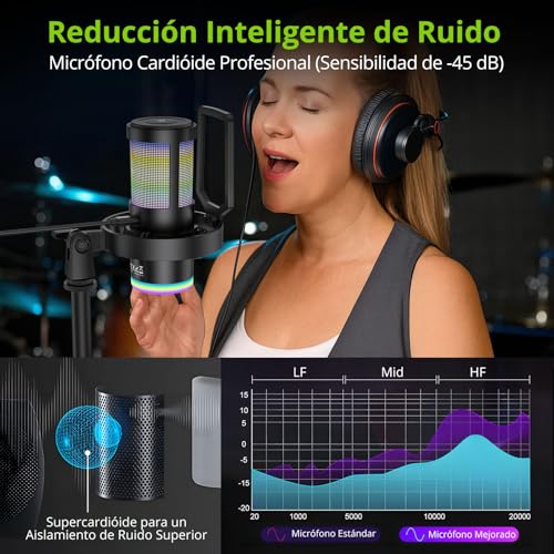 LiNKFOR USB Micrófono PC para Streaming,blogs,Juegos de PS y PC,Micrófono de Condensador Cardioide con RGB LED Ajustable,Función de Silencio - imagen 3