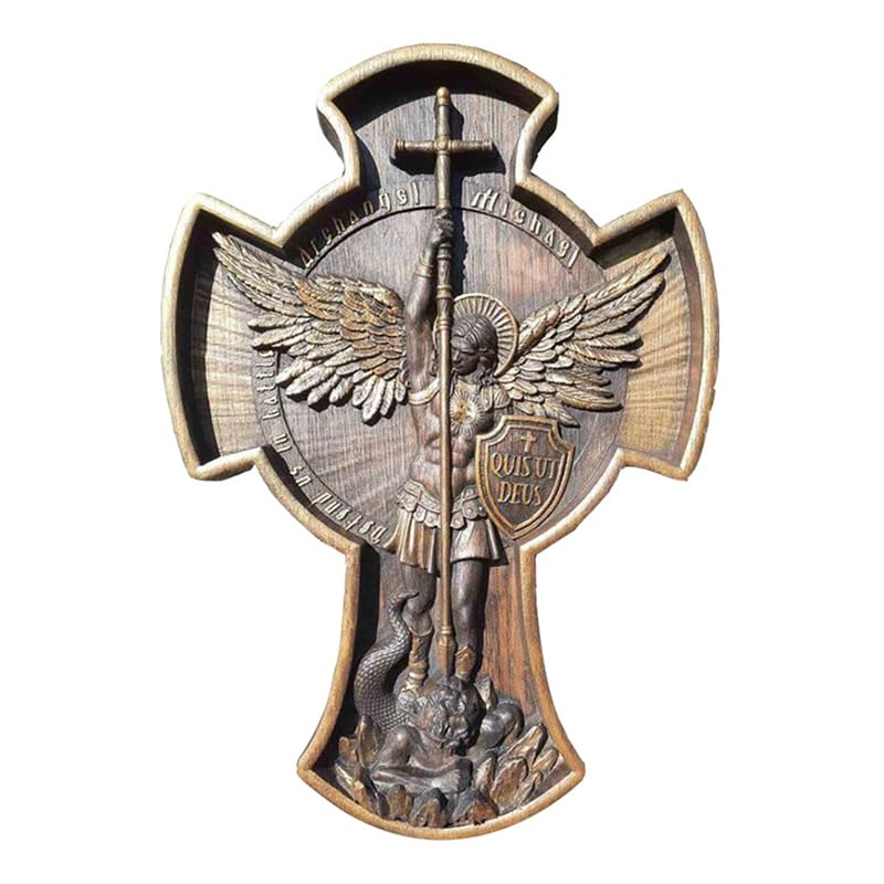 RUDFUZ Arcángel Miguel Cruz San Miguel Arcángel Estatua religiosa para decoración de pared de dormitorio, figuras cristianas de madera para regalo
