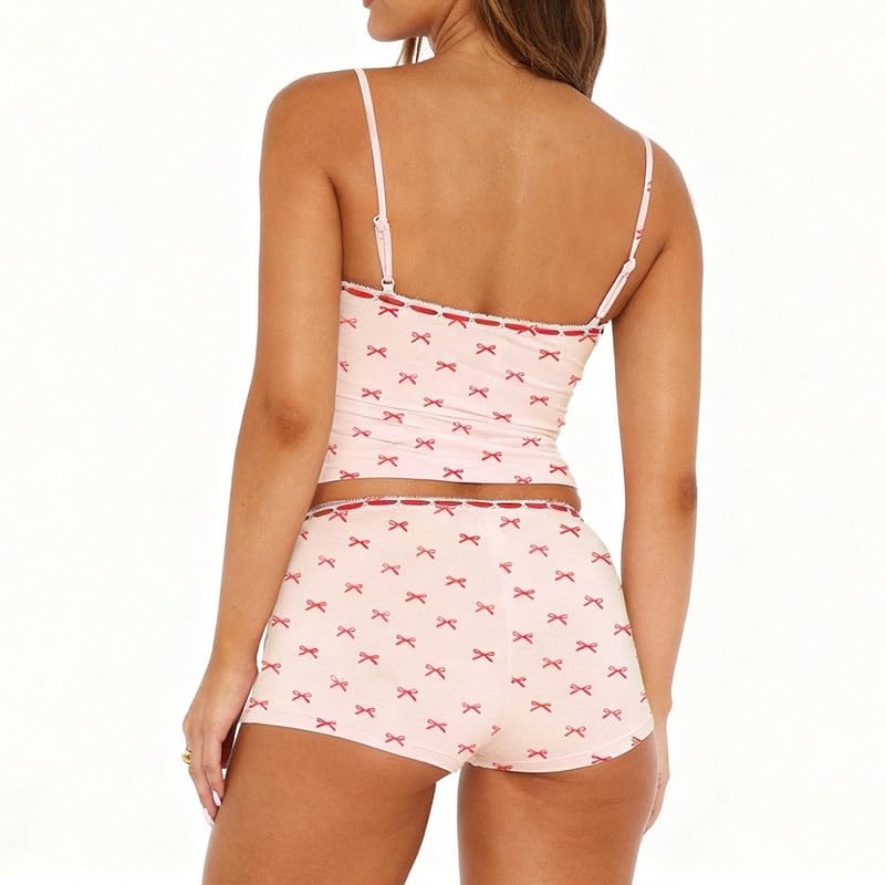 Image of Womens Y2K Cute Print Cami Pajama Sets Lace Trim V Neck Tank Top Shorts Set Bow Heart Print 2 Piece Sleepwear