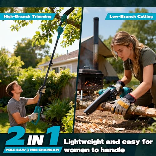 Image of 2-in-1 Cordless Pole Saw & 8'' Mini Chainsaw with Extension Pole for Tree Trimming (Cyan Blue-8inch4.0Ah)