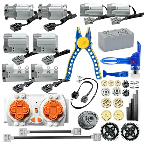 37-in-1 Motor Kit Compatible with Lego Technic Parts Gears, Power Function Motor Set Carbon Fiber Axles and Alloy Universal Joints, Rechargeable Battery Remote Control, Building Block Separator Tools