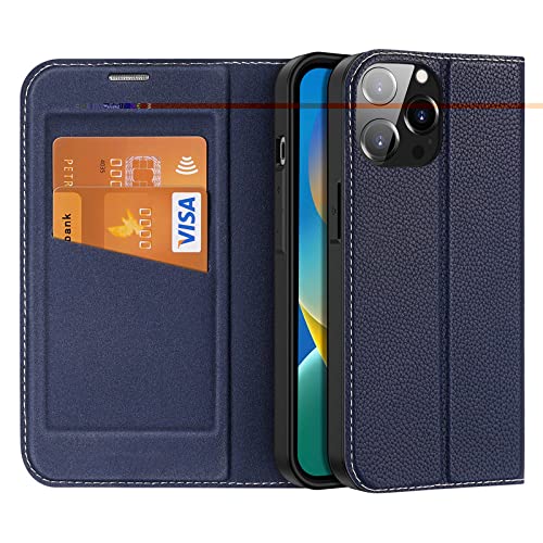Étui en cuir iPhone 14 Pro Max avec porte-carte et support vidéo bleu