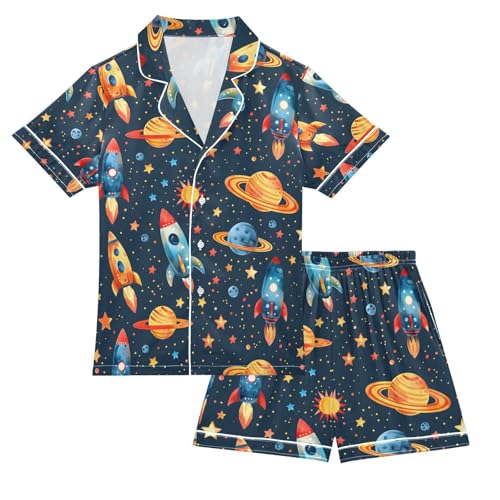 ALAZA Space Star Planet Solar System Blue Pajamas Satin Pajama Set Short Sleeve Button Down Sleepwear