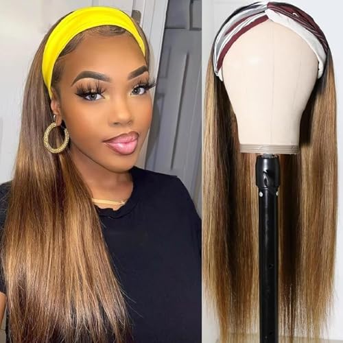 Celiarita Ombre Headband Wig Human Hair Straight 16 Inch Glueless None Lace Front Machine Made Brazilian Virgin Highlight Straight Headband Wig Human Hair Wigs for Black Women