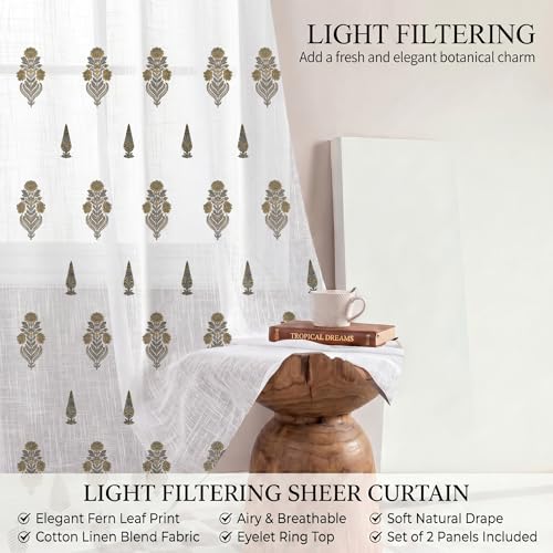 Image of LINENWALAS Decorative Cotton Linen Sheer Curtains 7 Feet for Door -Block Printed Door Curtain | Grommet Hanging Style Pack of 2 Panels |Light Filtering Sheer Drapes (Golden Meadow)