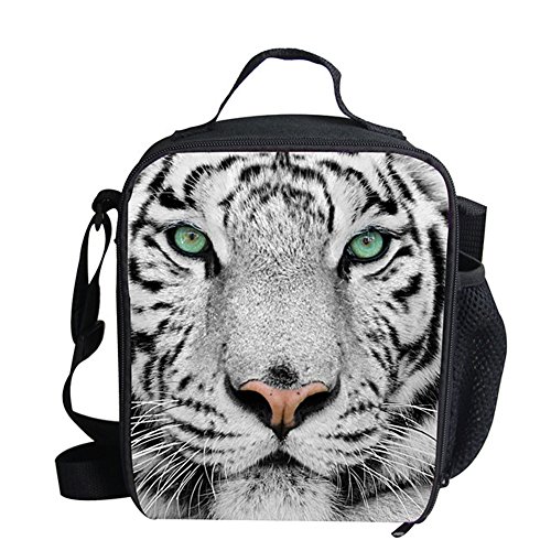 Mumeson White Tiger Portable Kids Lunch Bags with Pocket Shoulder Strap Thermos Lunchbox