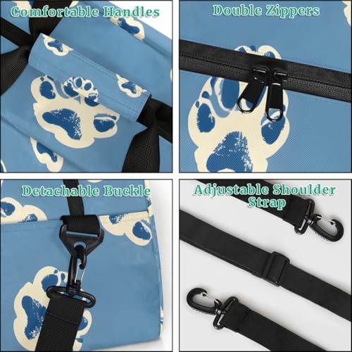 Blue Dog Paw Pattern Gym Travel Duffle Bag for Boys - Gymnastics Sports Dance Bag with Front Zipper Pocket for School Practice or Overnight Travel Weekender Sleepover Tote Bag Dog Print4