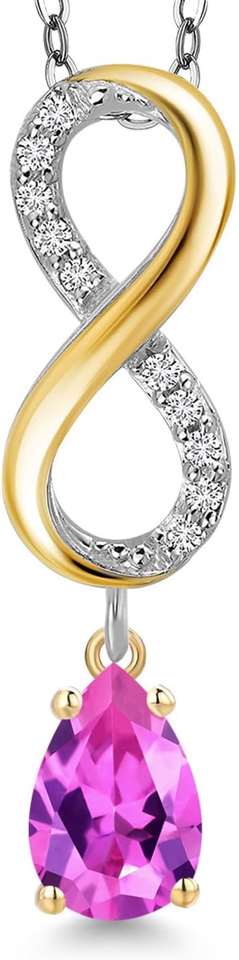 Gem Stone King 925 Silver and 10K Yellow Gold Pink Created Sapphire and Lab Grown Diamond Pendant Necklace for Women | 2.04 Cttw | Gemstone September Birthstone | Pear Shape 8X5MM | With 18 Inch Chain