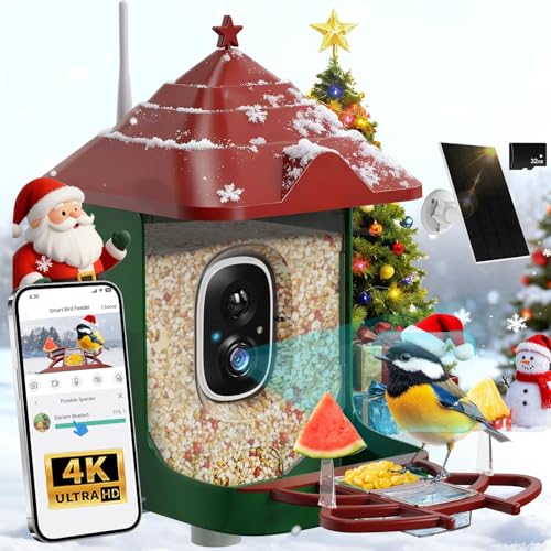 Smart Bird Feeder with Camera Solar Panel & 5200mAh Battery 4K HD Video AI Identification Instant Arrival Alerts & Alarm IP65 Weatherproof 32GB Card 2L Capacity for Bird Lover (Red Green)