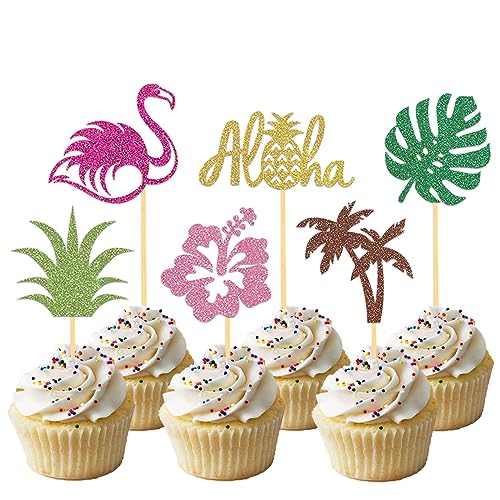 24 Pièces Scintillantes Tropical Décoration Gâteau Anniversaire, Flamant Rose Cupcake Toppers, Aloha Cake Topper Ananas Décoration pour Hawaii Aloha Luau Décoration de Fête d'été (Aloha Doré)