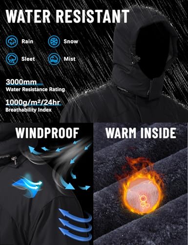 TACVASEN Herren Winterjacke Wasserdicht Outdoorjacke Atmungsaktiv Warme Gefütterte Snowboardjacke Winddicht Schwarz, XL