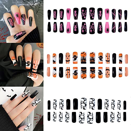72 Pcs Halloween Press on Nails Long Fake Nails with Nail Glue Coffin False Nails Skeleton Ghost Spider Design Full Cover Stick on Nails Square Nail Tips Cute Acrylic Nails for Women（Pink Black White）