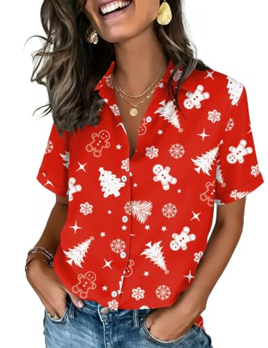Image of Womens Christmas Tops Button Down Shirts Short Sleeve Oversized Blouses