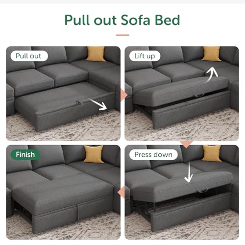 Image of HONBAY Modular Sectional Sleeper Sofa Bed, with Pull Out Bed, Linen Convertible Sectional Couches for Living Room - Dark Grey