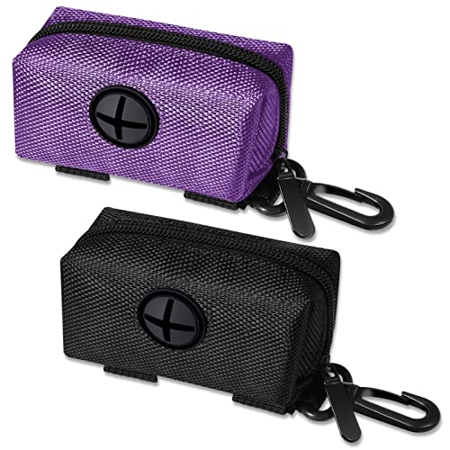 AUXSOUL 2 Pezzi Porta Sacchetti per Cacca di Cane, Dispenser di Rifiuti per Animali Domestici per Guinzaglio,Universale con Gancio(Nero e Viola)