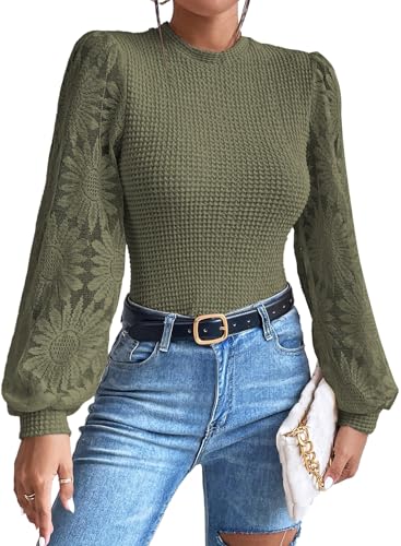 Image of BLENCOT Womens Casual Crochet Top Mesh Lace Long Sleeve Shirts Waffle Knit Blouse Crewneck Shirt Fall Womens Tops Pullover