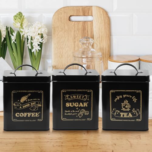 Deuson 3 latas de té de metal, té, café y azúcar, juego de latas con tapa hermética, latas de té, latas de café, latas de almacenamiento, caja de almacenamiento para té, café, azúcar (negro)