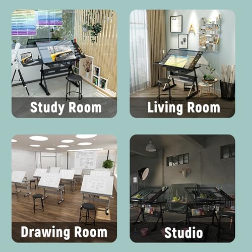 Drawing Tilting Tablet,(Vintage Wood Drafting Table & Stool Set Artist Desk, 0°-80° Tilted Tabletop, （26.8"-35.8"） Height Adjustable, Drawing Workstation for Home Office School Study)