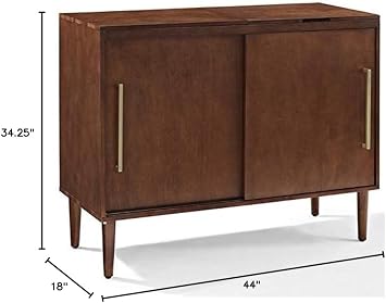 Allora Media Console Table, Mahogany Finish, 44 W x 18 D x 34.25 H, MDF and Solid Rubberwood, Sliding Doors with Record Storage, Mid-Century Modern Style, Hinged Turntable Top for Living Room