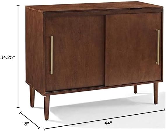 Allora Media Console Table, Mahogany Finish, 44 W x 18 D x 34.25 H, MDF and Solid Rubberwood, Sliding Doors with Record Storage, Mid-Century Modern Style, Hinged Turntable Top for Living Room