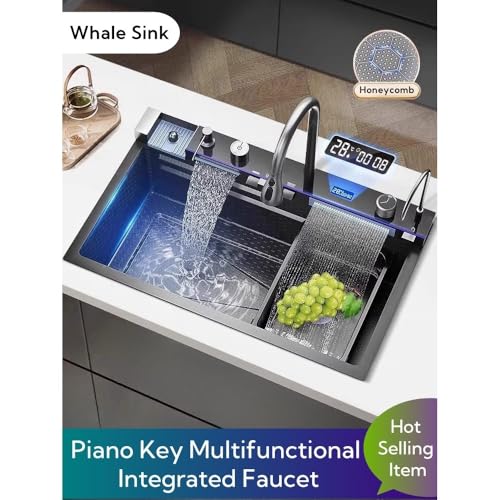 Image of Digital Kitchen Sink with 5-Piano Switch|304 Grade Stainless Steel Sink with Waterfall&Pull-down Faucet|LED Digital Display & RO Tap|360 Pull-out Faucet|Hot & Cold Control Handwheel (30x18x9 Inch)