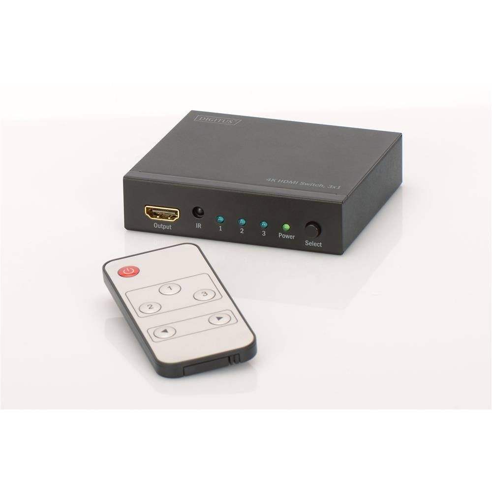 DIGITUS Przełącznik 3-Port 4K HDMI, 3 x 1, obsługuje formaty 4K2K (UHD) i 3D, z pilotem zdalnego sterowania, czarny