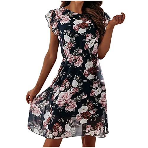 Robe à col rond en mousseline de soie pour femme - Motif floral bohème - Manches courtes - Taille élastique, Noir , M Cover