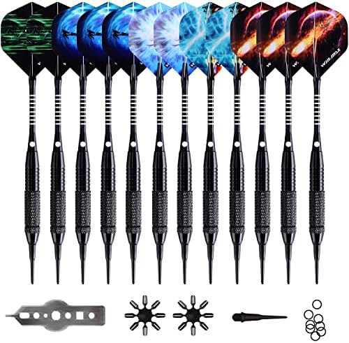 WIN.MAX Darts Plastic Tip - Soft Tip Darts Set - 12 Pcs 18 Gram with 100 Extra Dart Tips 12 Flights Flight Protectors and Wrench for Electronic Dart Board (black-2023)