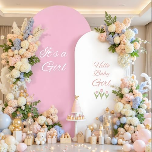 Image of White Pink Photo Arch Backdrop Cover Set of 2-7.2ft and 6ft Arch Covers Stretchy Backdrop Spandex Baby Shower Arch Stand Covers for Girls Birthday Party Wedding Bridal Shower Background Decorations