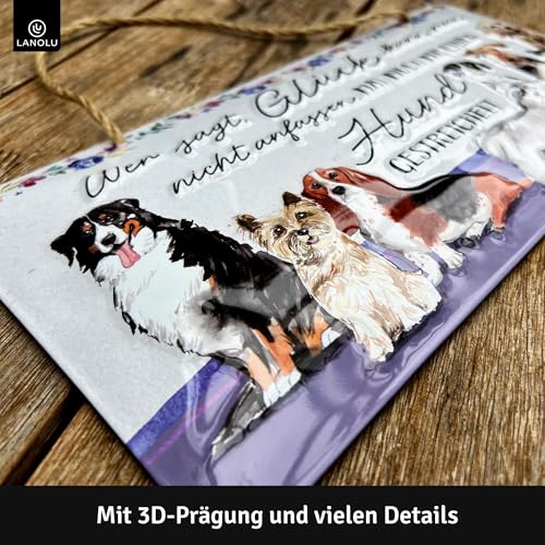 LANOLU Retro Blechschild Hund- Wer sagt Glück- Deko Hund Geschenke für Hundeliebhaber - Poster Metallschild mit lustigem Spruch als Dekoration für Garten und Küche mit Jutekordel 16x32cm