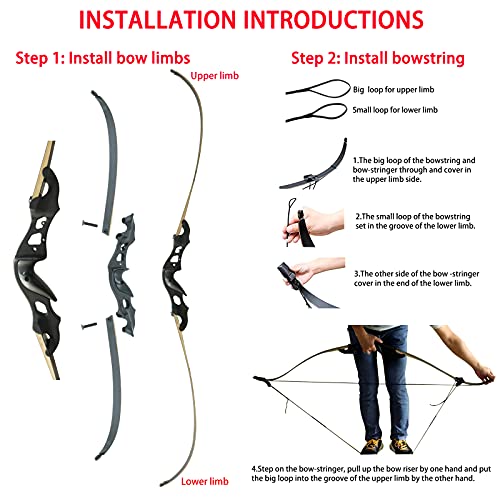 Black Hunter Recurve Bow for Adults Archery Bow Archery Set Adult Longbow 60" 20-55 lbs Right Hand Aluminium Alloy Riser with Arrow Rest for Outdoor Targeting Practice Competition (40lbs)