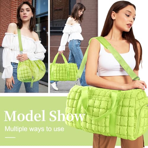 Image of Quilted Travel Duffle Bag Gym Bag for Women,Large Puffer Duffle Weekender Bag with Compartment,Workout Overnight Carry on Organizer Bag Duffle Bag for Airplane Travel(L-Green)