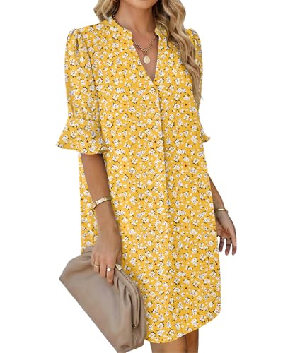 AUSELILY Robe Femme Chic et Elegant décontractée Robe Chemise à Manches Courtes et col en V Ample Robes Femme ete avec Poches Jaune Fleurette L