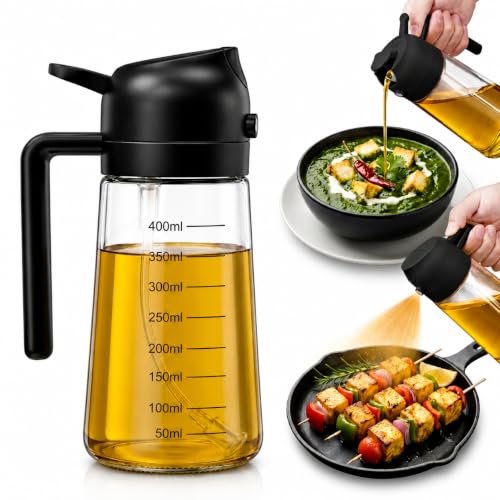 Image of Glass Oil Dispenser Bottle for Kitchen - 2 in 1 Pour & Spray Sprayer with Measuring Marking, Leakproof Container, 500ml /0.5 Liter Cooking Oil Storage Jar, Pack of 1
