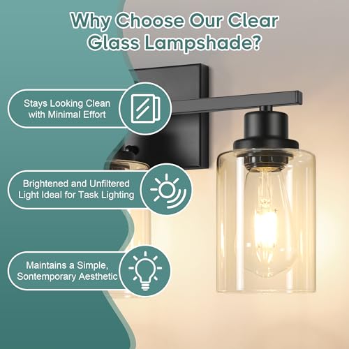 Image of Ascher Bathroom Light Fixtures, 3-Light Vanity Light Over Mirror, Matte Black Wall Sconces with Clear Glass Shades, Wall Lamp for Living Room Bedroom, E26 Base(Bulbs Not Included)
